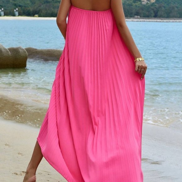Pink Boho Womens Solid Pleated Detail Backless Halter Dress - Picture 2 of 5